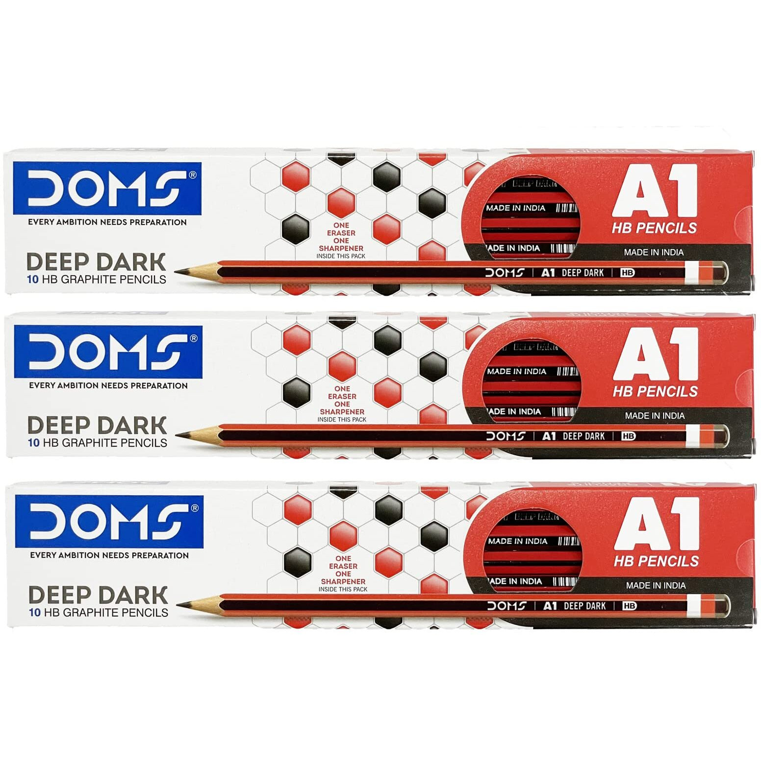 Doms A1 Deep Dark Hb Graphite Pencil | Include Eraser & Sharpner | 30 Pencils | Innovative Groove For Perfect Grip | Use For Sketching & Drawing | Pack Of 10 Pencils X 3 Box