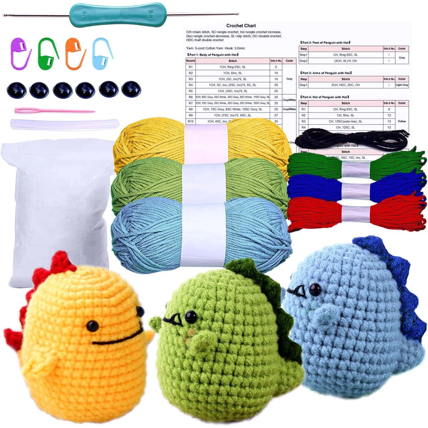 Artbee Crochet Kits For Beginners, Set Of 3 Dinosaurs Knitting Kit Crochet Starter Kit For Beginners Adults With Yarn, Hook, Needle, Step-By-Step Video Tutorials