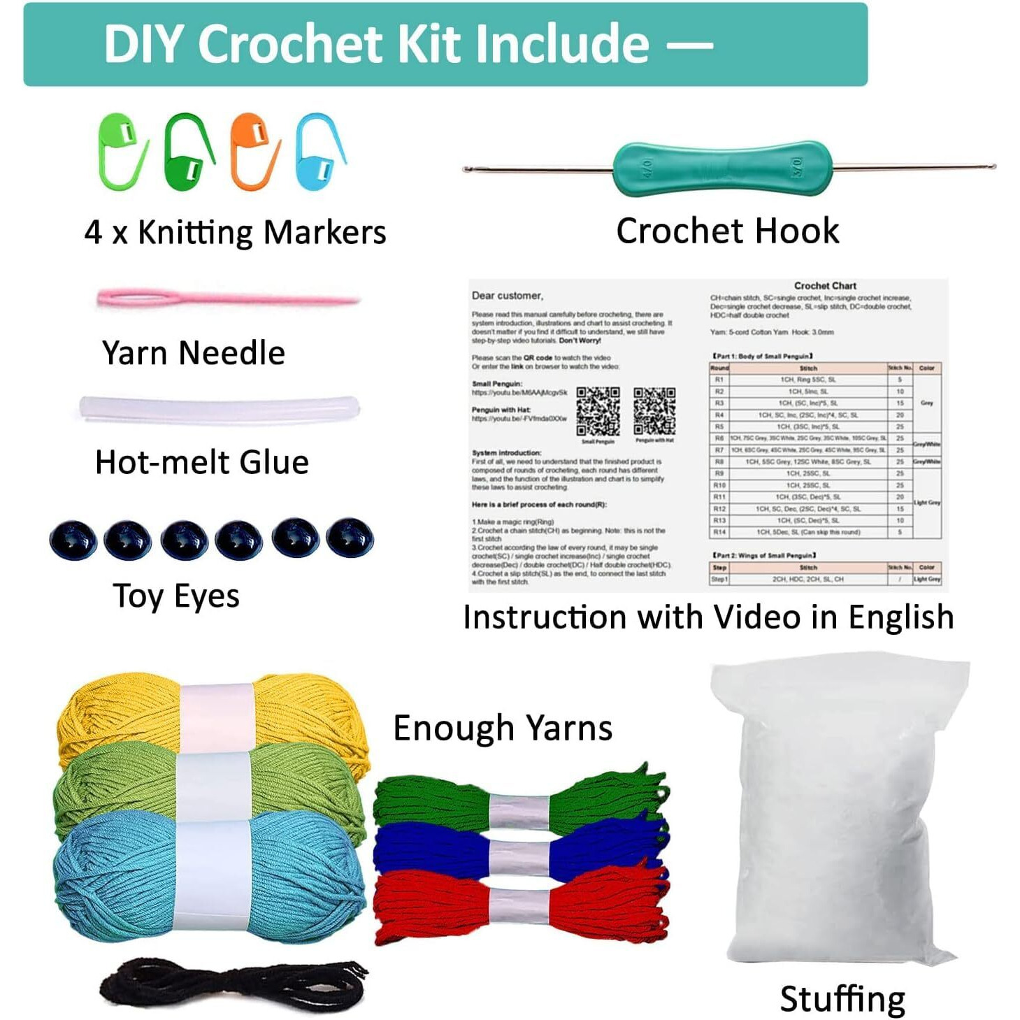 Artbee Crochet Kits For Beginners, Set Of 3 Dinosaurs Knitting Kit Crochet Starter Kit For Beginners Adults With Yarn, Hook, Needle, Step-By-Step Video Tutorials