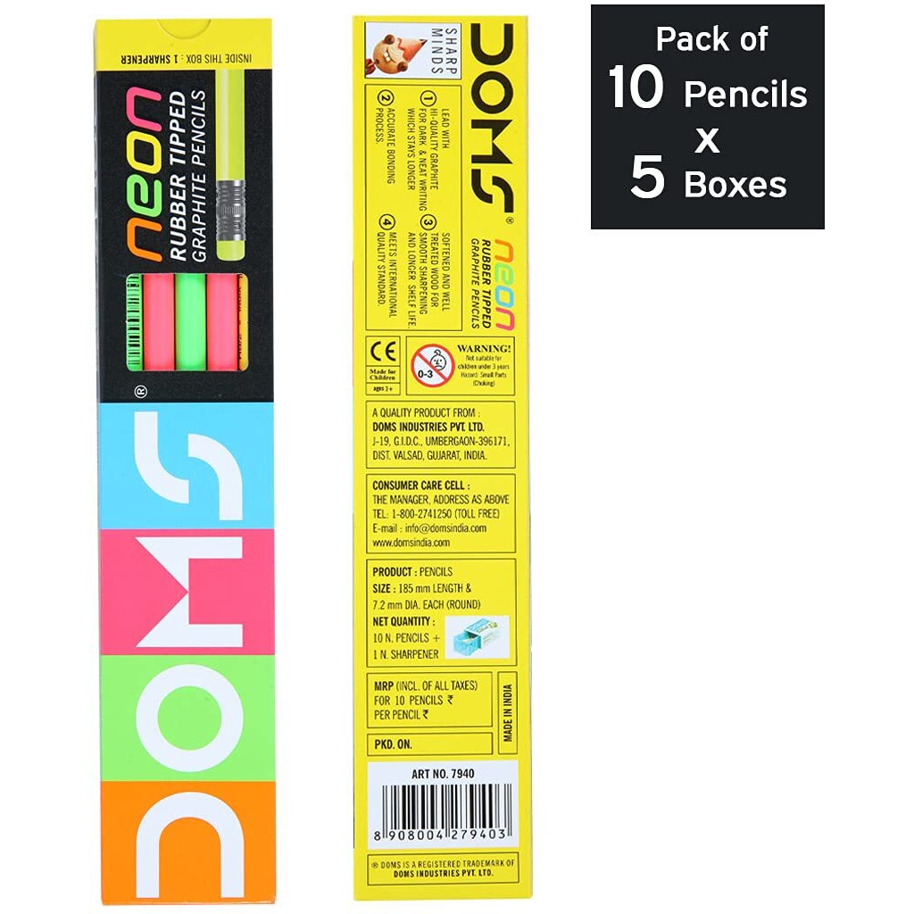 Doms Neon Rubber Tipped Hb/2 Graphite Pencils Box Pack | Non-Toxic | Free Sharpner Inside The Box | Easy & Smooth Sharpening | Pack Of 50 Pencils