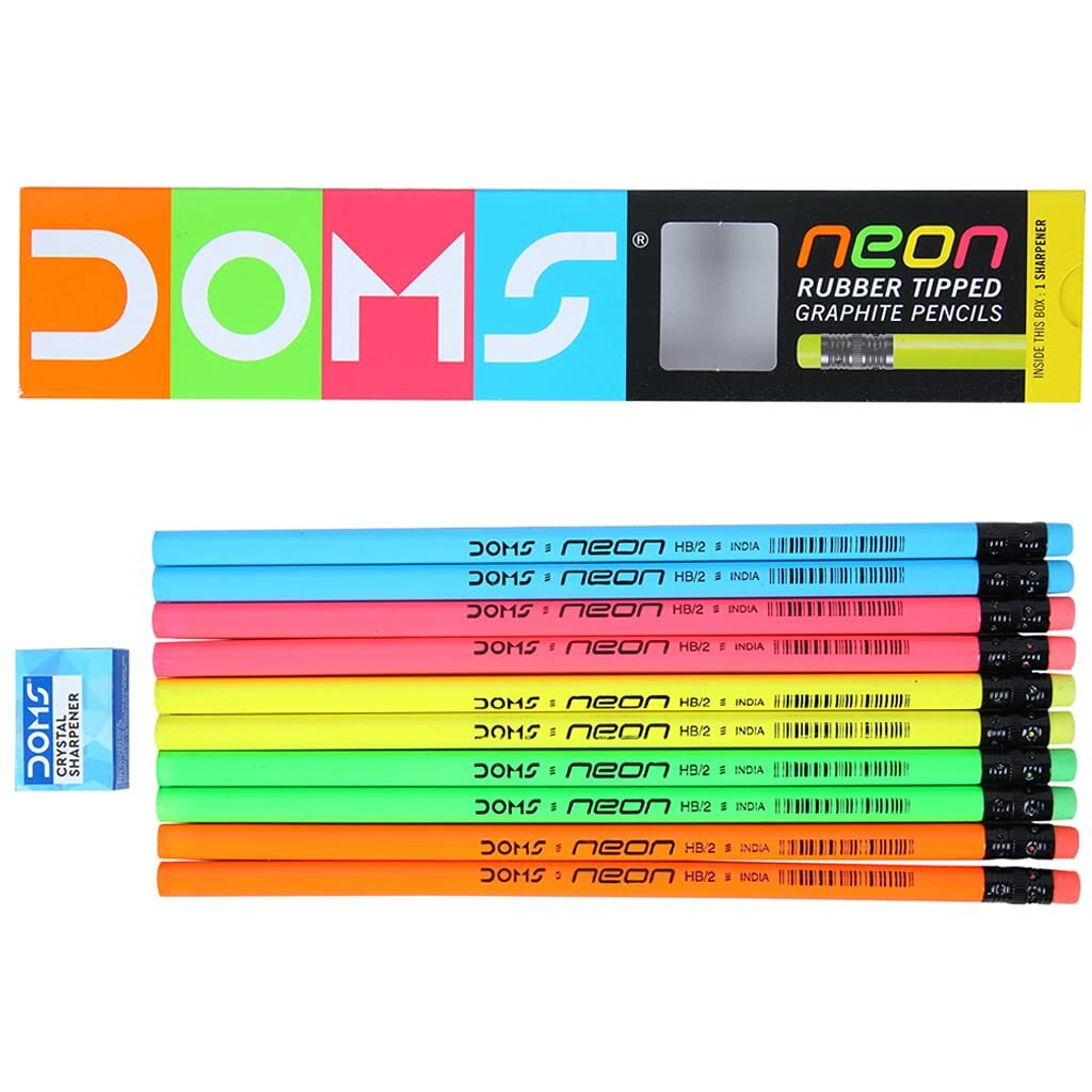 Doms Neon Rubber Tipped Hb/2 Graphite Pencils Box Pack | Non-Toxic | Free Sharpner Inside The Box | Easy & Smooth Sharpening | Pack Of 50 Pencils