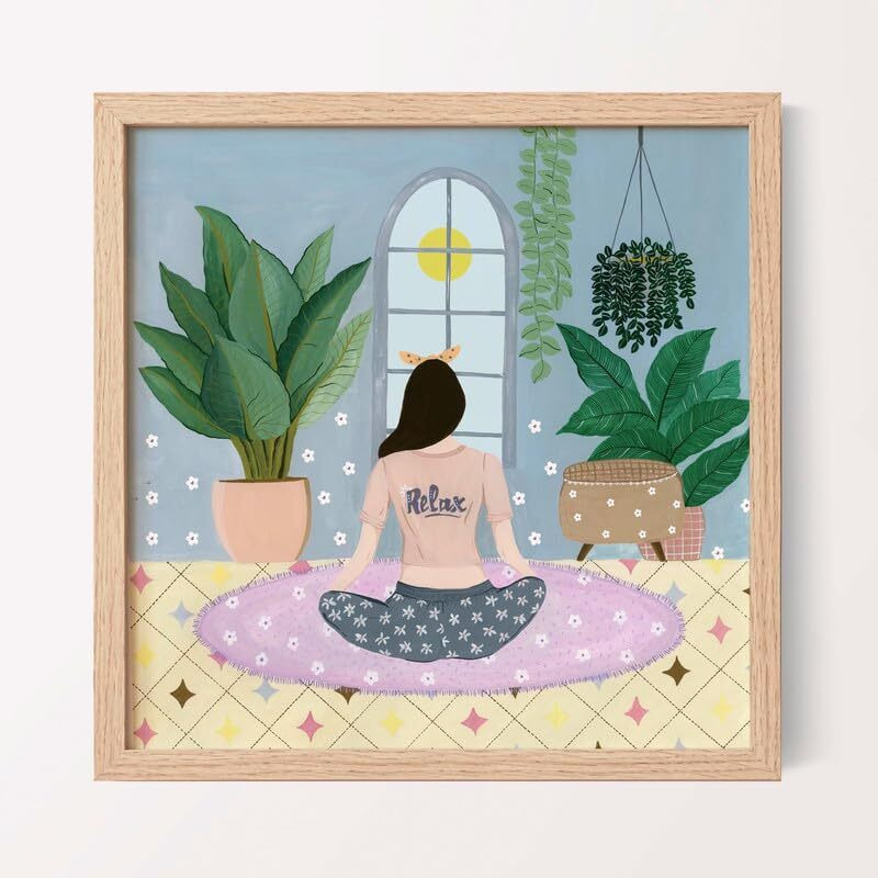 The Spring Palette | Relax Girl - Modern Wall Painting | Self Love Theme | Modern Art Painting For Living Room Bed Room And Office | 10 X 10 Inches, Natural Frame