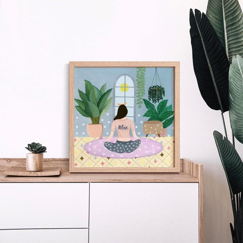 The Spring Palette | Relax Girl - Modern Wall Painting | Self Love Theme | Modern Art Painting For Living Room Bed Room And Office | 10 X 10 Inches, Natural Frame