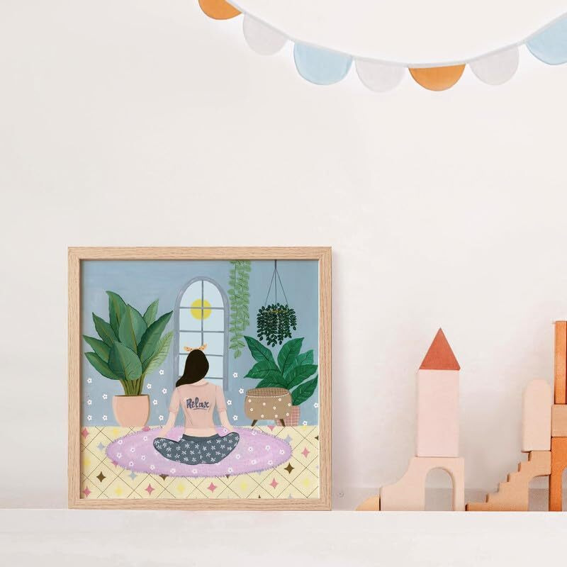 The Spring Palette | Relax Girl - Modern Wall Painting | Self Love Theme | Modern Art Painting For Living Room Bed Room And Office | 10 X 10 Inches, Natural Frame