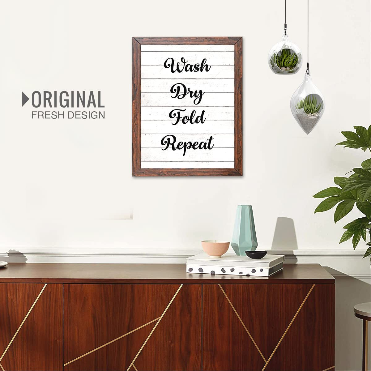 Chaka Chaundh - Laundry Room Bathroom Wall Decor - Laundry Room Wall Art - Framed Poster For Laundry Room - (14 X 11 Inches) (Wash Dry Fold Repeat - White)