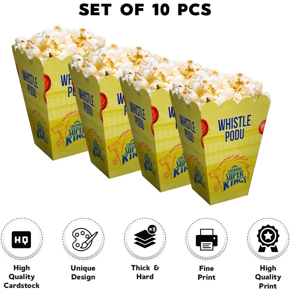 Festiko Team Csk Popcorn Boxes (Set Of 10 Pcs), Ipl Theme Popcorn Boxes, Cricket Party Props, Ipl Cricket Party Supplies