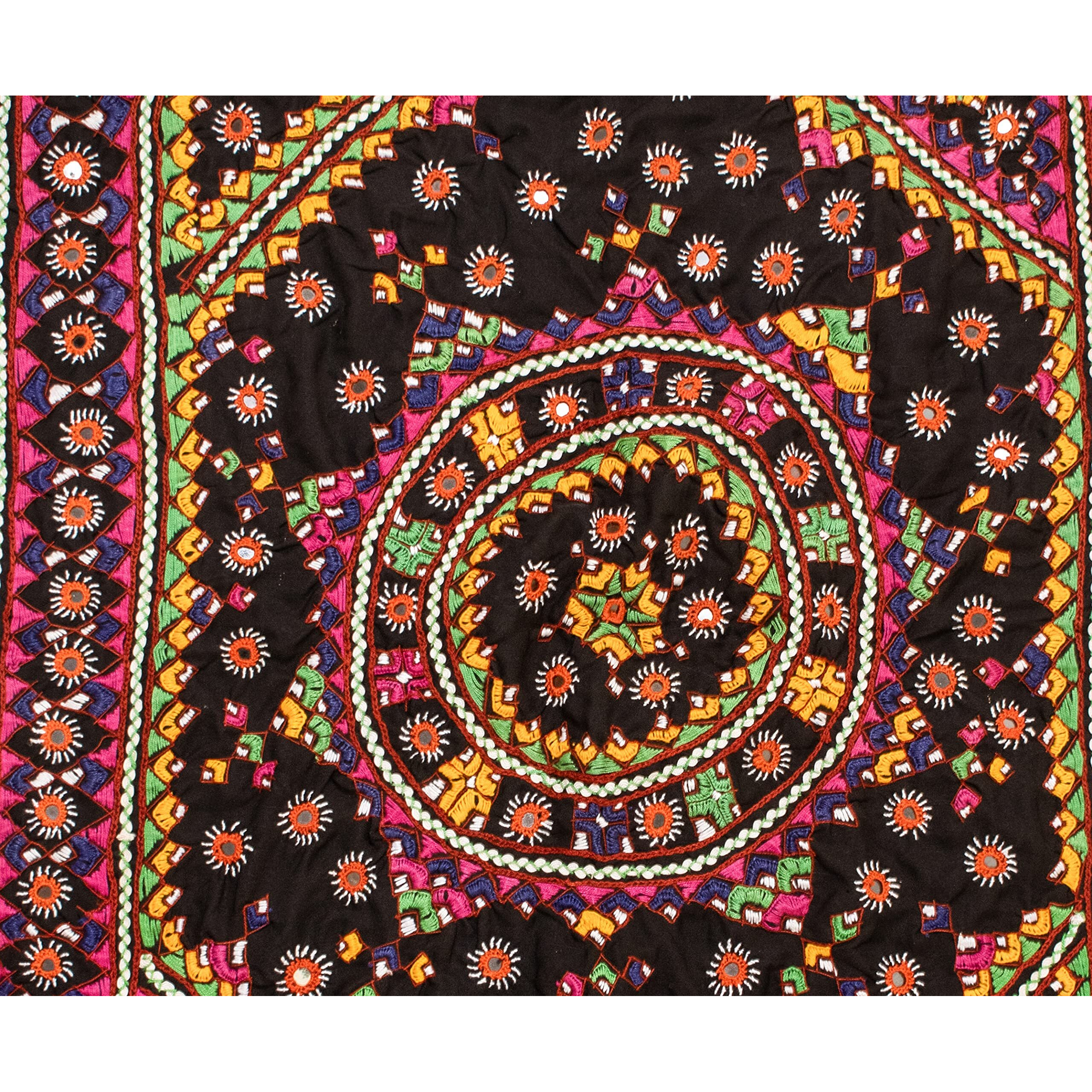 Ethnics Of Kutch Neran Work Cotton Fine Mirror And Threadwork Embroidery Wall Decoration - 95 Cms Length - (Black - 25301A)