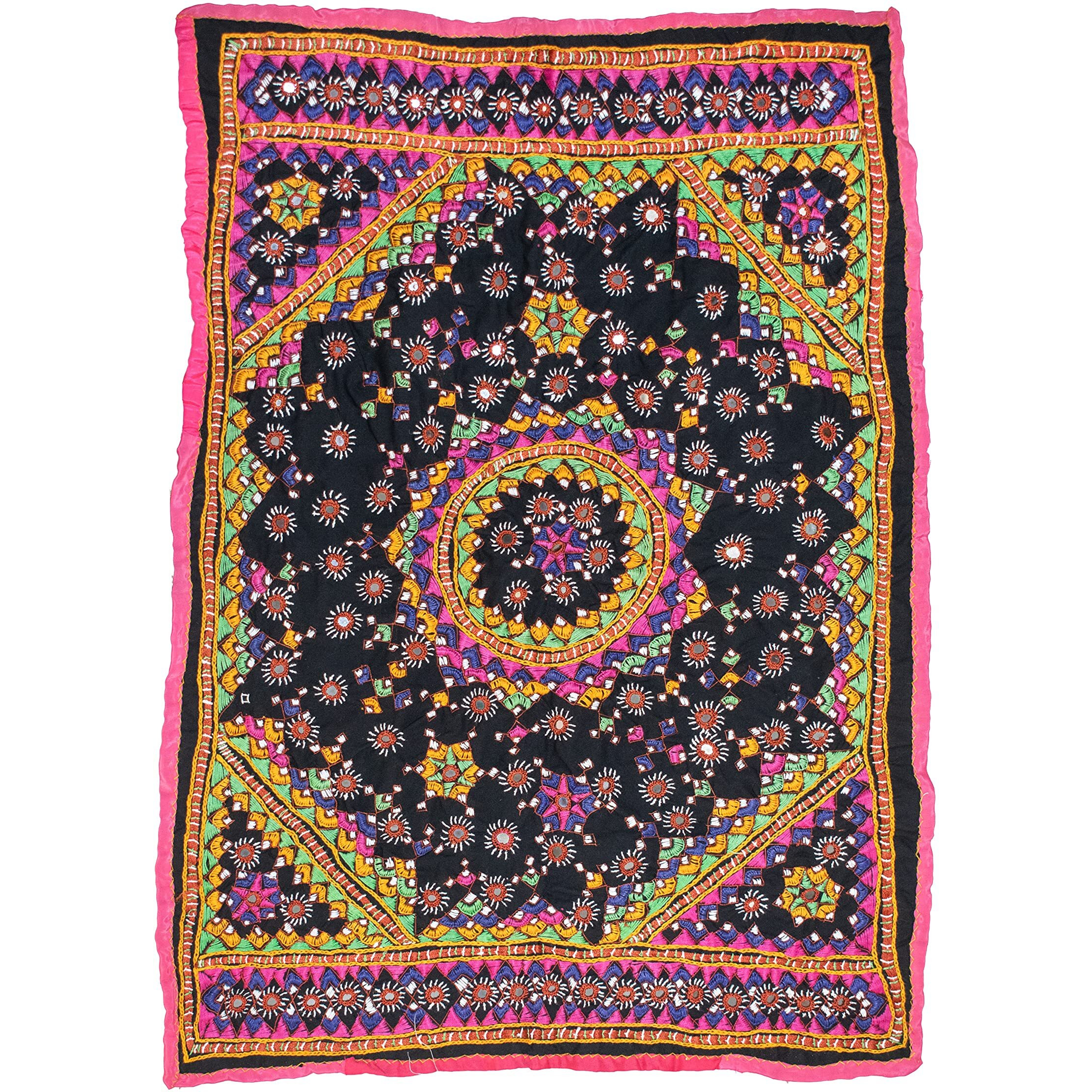 Ethnics Of Kutch Neran Work Cotton Fine Mirror And Threadwork Embroidery Wall Decoration - 80 Cms Length - (Black - 25302C)