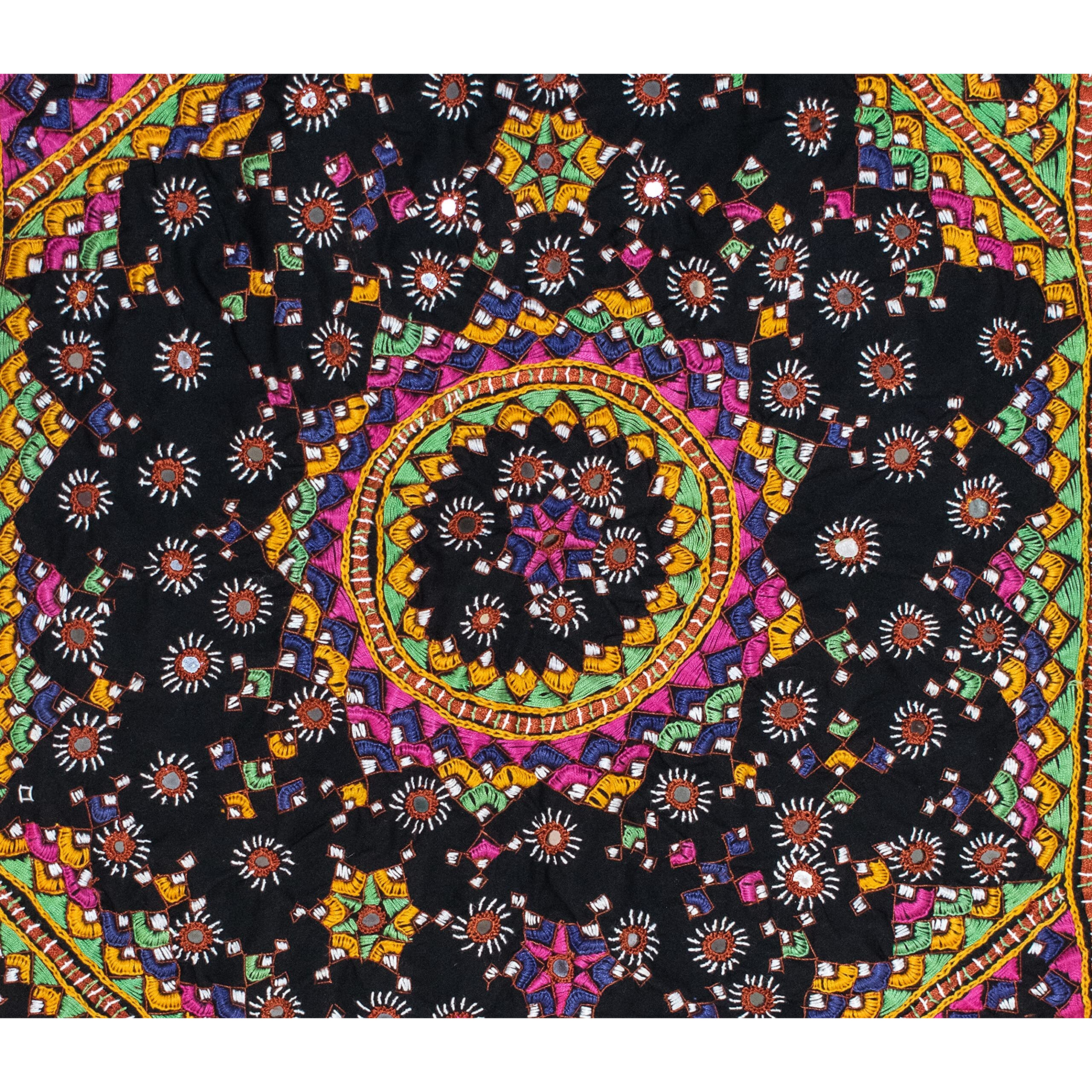 Ethnics Of Kutch Neran Work Cotton Fine Mirror And Threadwork Embroidery Wall Decoration - 80 Cms Length - (Black - 25302C)