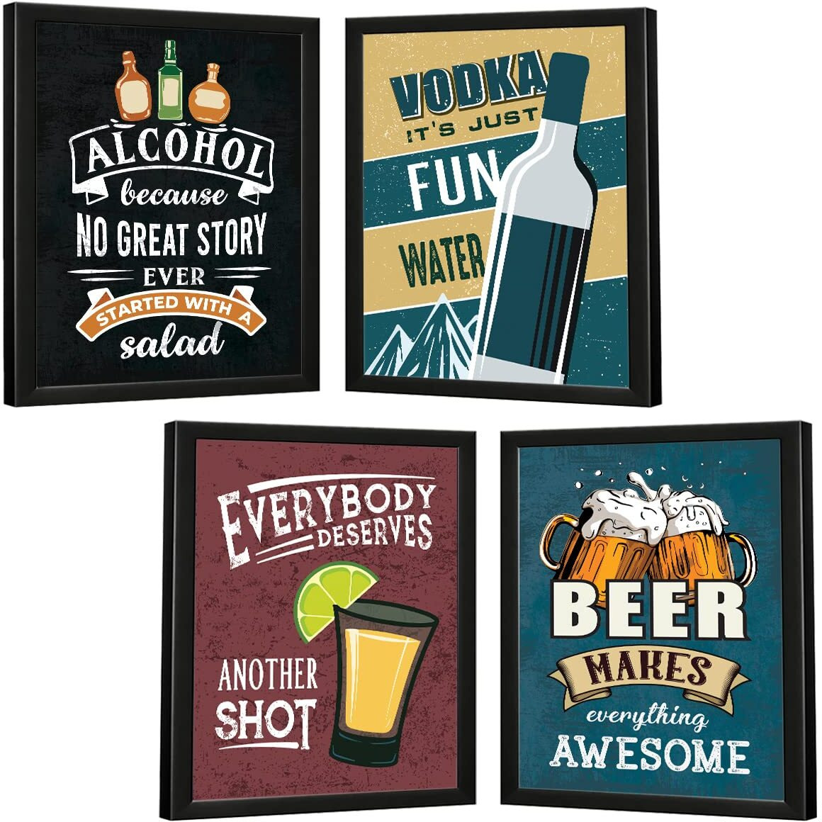Chaka Chaundh - Cocktail Wall Quotes Frames - Beer, Vodka Quotes Poster With Frames - Bar Framed Poster - Alcohol Quotes Wall Decoration Item - (14 X 11 Inches - Set Of 4)