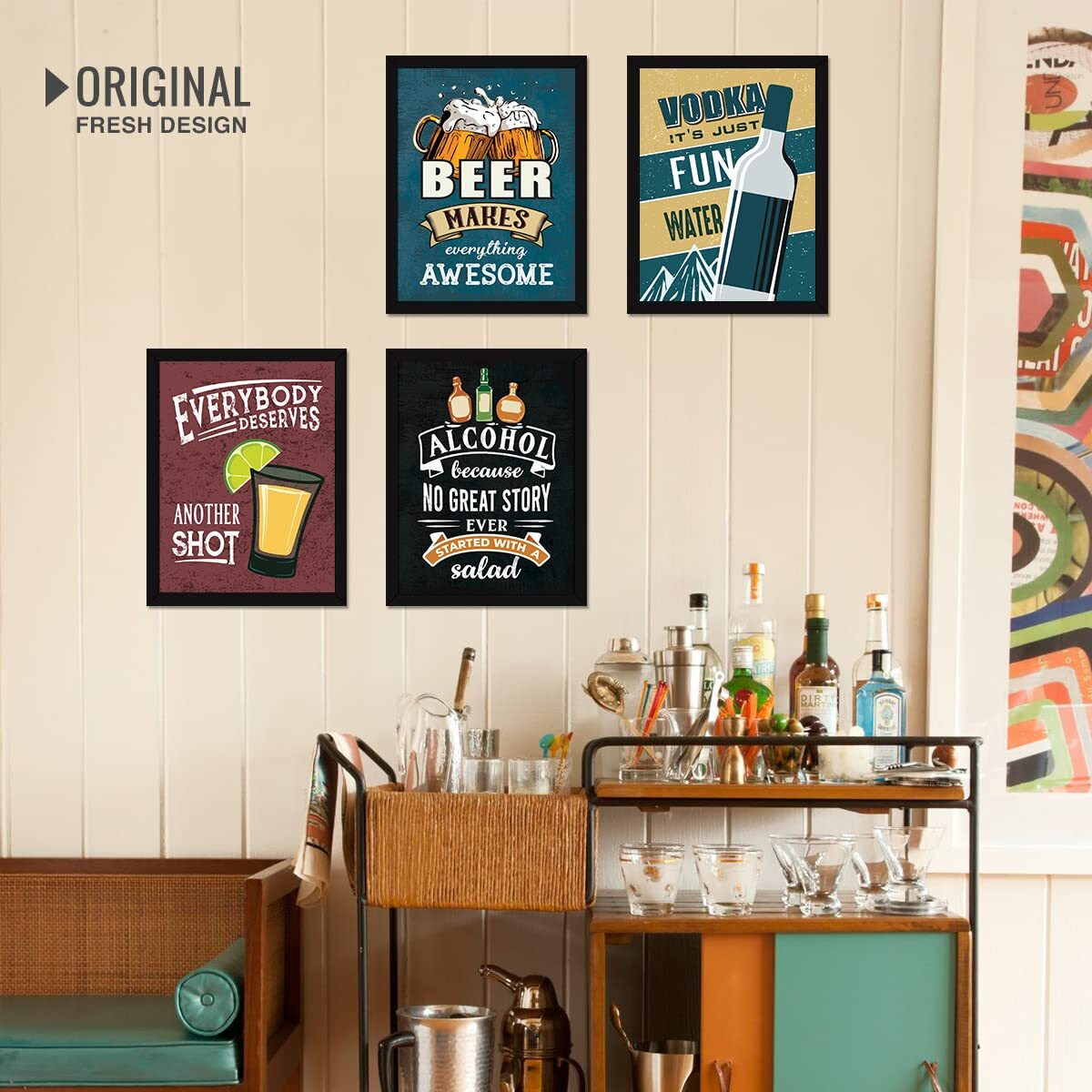 Chaka Chaundh - Cocktail Wall Quotes Frames - Beer, Vodka Quotes Poster With Frames - Bar Framed Poster - Alcohol Quotes Wall Decoration Item - (14 X 11 Inches - Set Of 4)