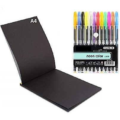 Schubert A4 Size1 Book Of 20 Pages 140 Gsm Black Paper Drawing Pad Sketching Book With Hardback & 12Pc Colorful Neon Glitter Gel Ink Pen Set For Artists