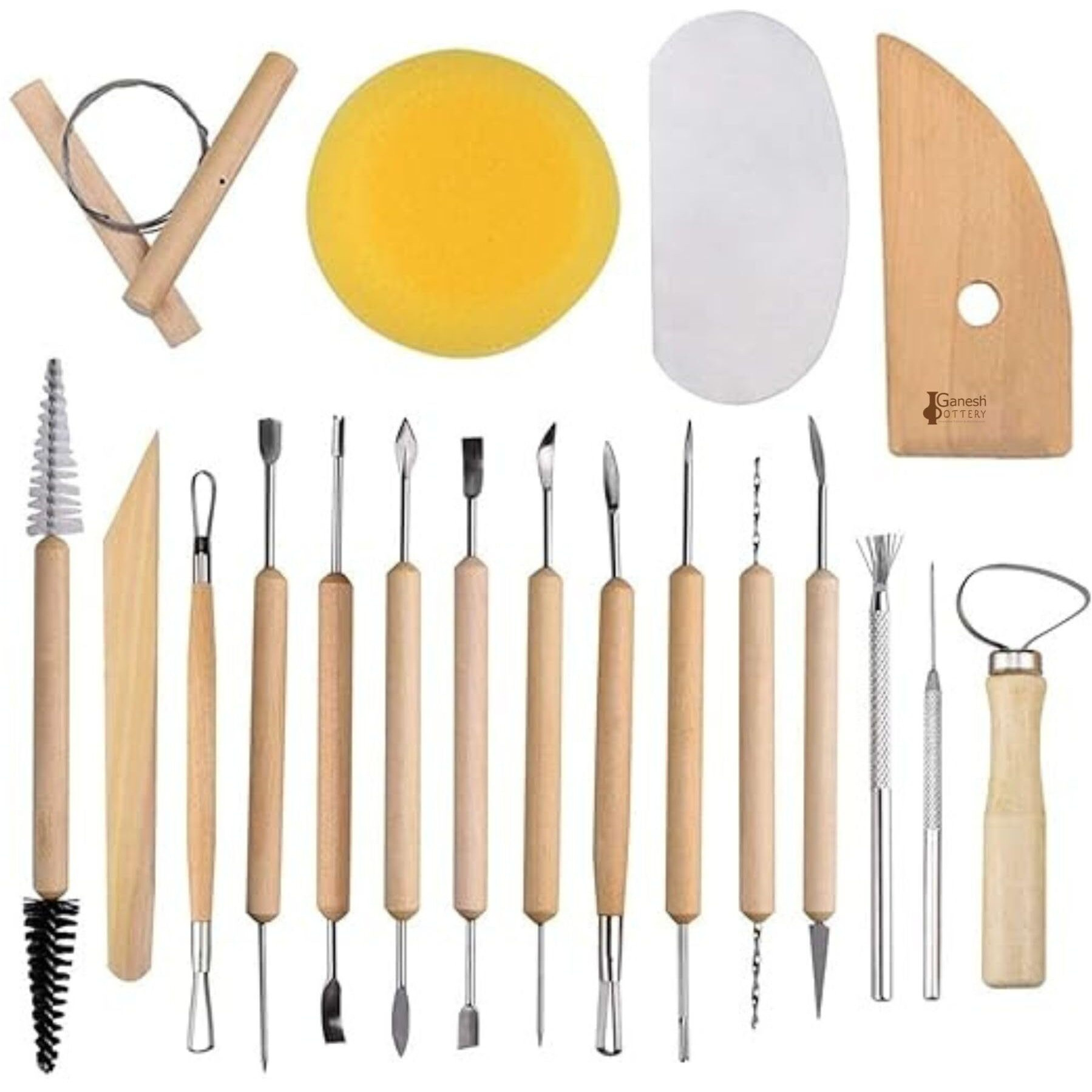 Ganesh Pottery Professional Pottery Tools Kit 19 Pieces For Ceramic, Clay Sculpting, Shaping, Trimming, Scarping, Cutting, Fine Detailing & Smoothening Most Essential Tools For Potters