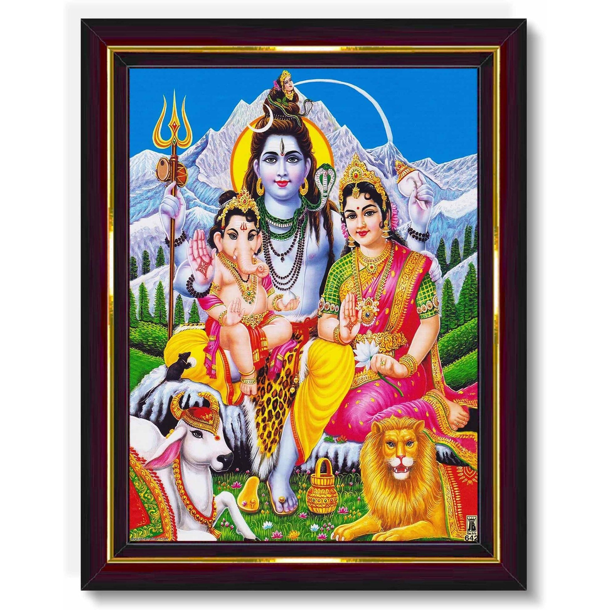 Pavan Photo Laminations Shiv Parivar Family Siva Parvati Lord Shiva Wall Painting Framed Home Decor (Wood,Matte,Brown,Small Size,6 X 8 Inch) B136S