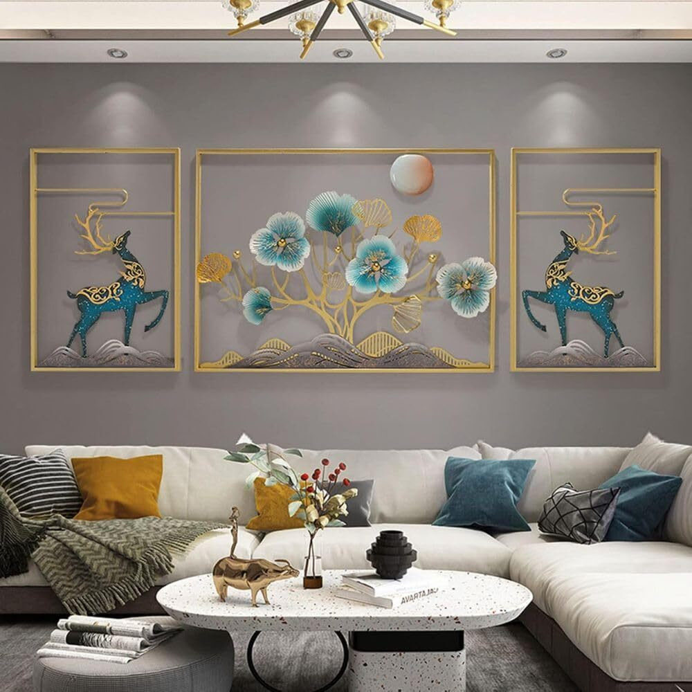 Home And Crafts Set Of 3 Handcrafted Metal Modern Deer Leaf Theme Big Wall Art Multicolor Unique Modern Accent For Stylish Interiors Wall Art For Home Decor, Living Room, Bedroom & Office
