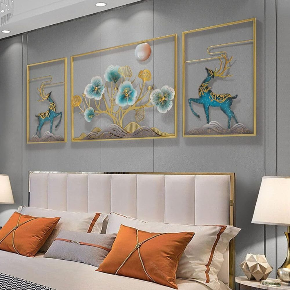 Home And Crafts Set Of 3 Handcrafted Metal Modern Deer Leaf Theme Big Wall Art Multicolor Unique Modern Accent For Stylish Interiors Wall Art For Home Decor, Living Room, Bedroom & Office
