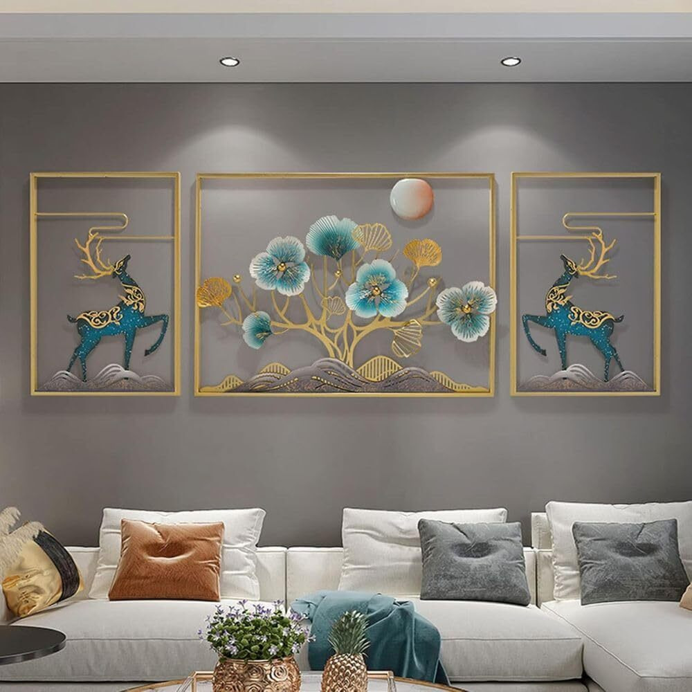 Home And Crafts Set Of 3 Handcrafted Metal Modern Deer Leaf Theme Big Wall Art Multicolor Unique Modern Accent For Stylish Interiors Wall Art For Home Decor, Living Room, Bedroom & Office