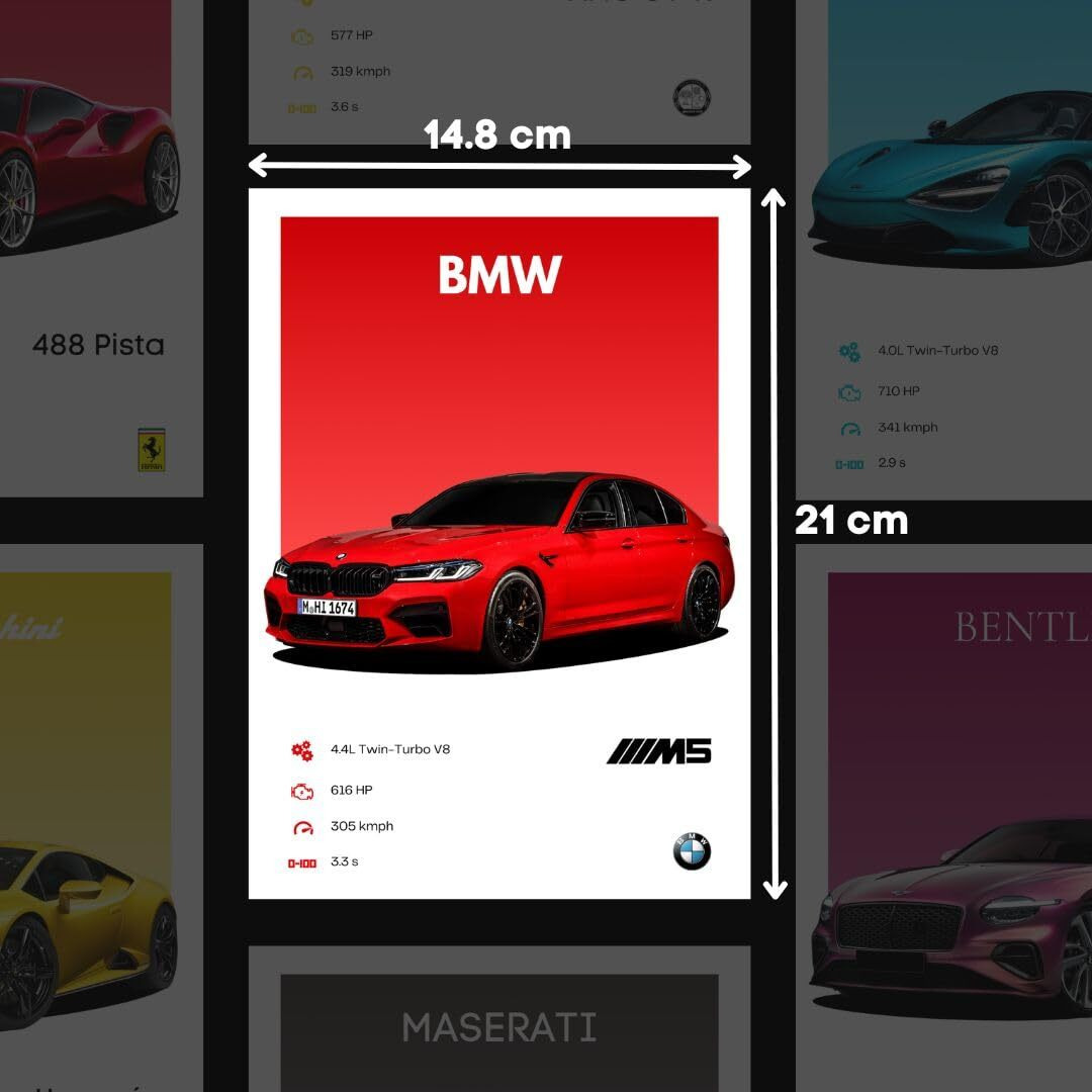Funk You Store Supercar Posters (Set Of 20) | Car Poster | A5 Size | Bmw Posters, Porsche Posters And More | Car Posters For Wall | Bmw, Ferrari, Porsche Car Posters | Double-Sided Tape Included