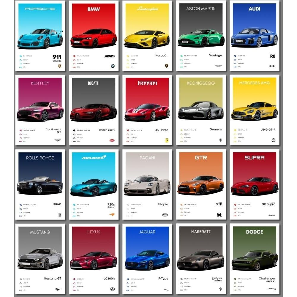 Funk You Store Supercar Posters (Set Of 20) | Car Poster | A5 Size | Bmw Posters, Porsche Posters And More | Car Posters For Wall | Bmw, Ferrari, Porsche Car Posters | Double-Sided Tape Included