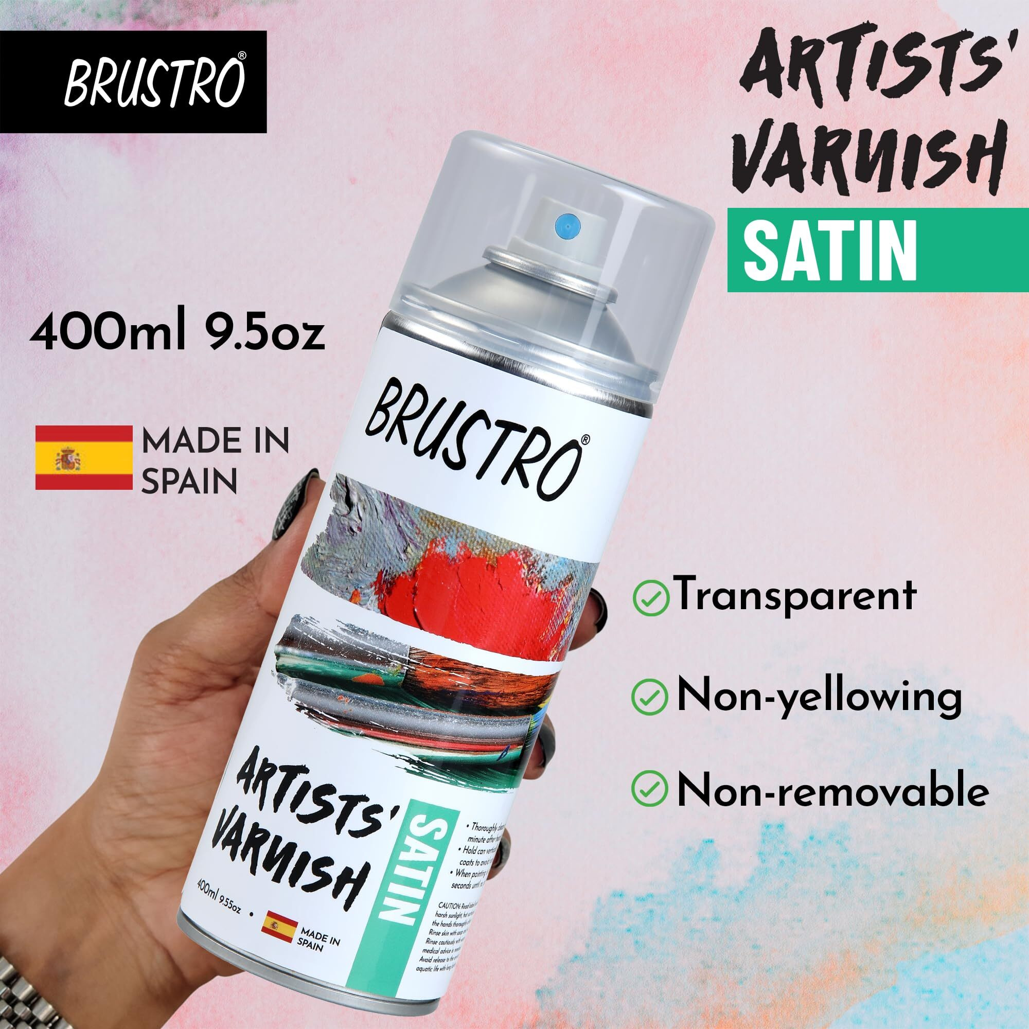 Brustro Artist's Varnish Spray Can|400Ml|Satin Finish|Perfect Coating On Acrylic Painting,Watercolours,Oil Paints,Non-Yellowing,Non Toxic,Transparent,Canvas,Paper, Artwork Protection.