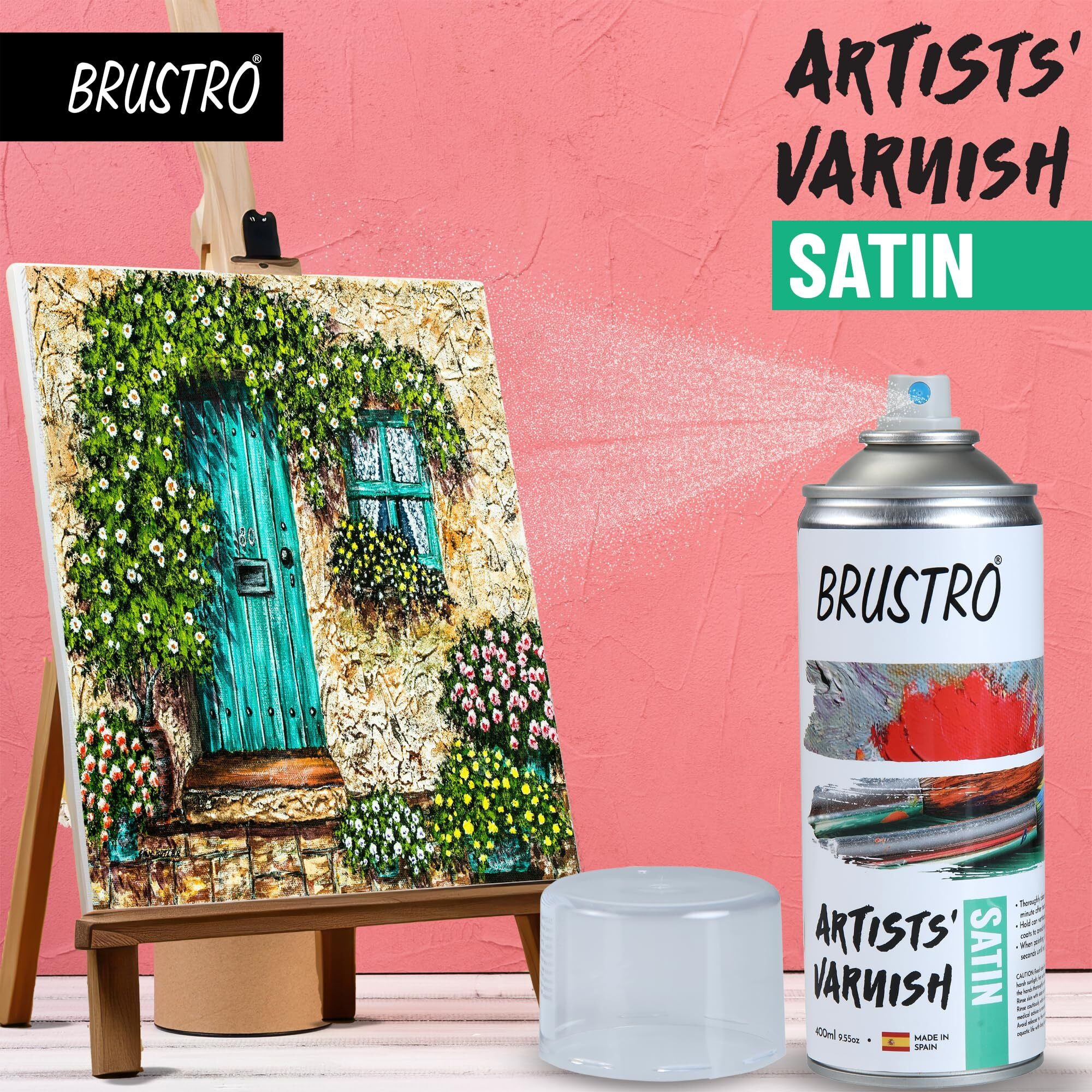 Brustro Artist's Varnish Spray Can|400Ml|Satin Finish|Perfect Coating On Acrylic Painting,Watercolours,Oil Paints,Non-Yellowing,Non Toxic,Transparent,Canvas,Paper, Artwork Protection.