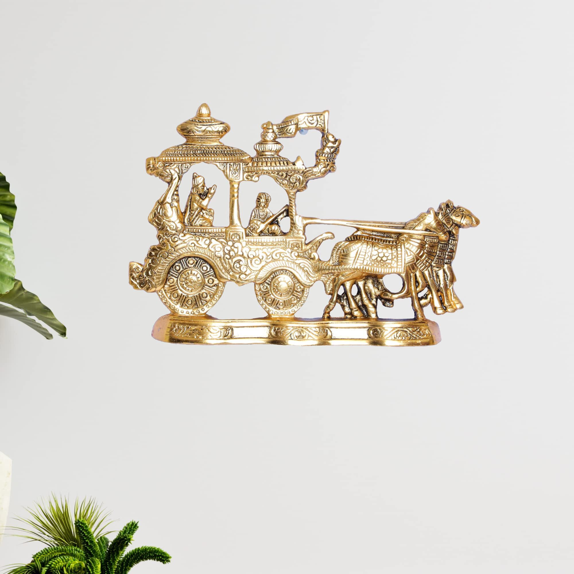 Kridaykraft Lord Krishna And Arjun Rath Chariot With Two Horses Decorative Showpiece Metal Gold Plated Antique Krishna Arjuna Rath Wall Hanging & Table Corner Decor