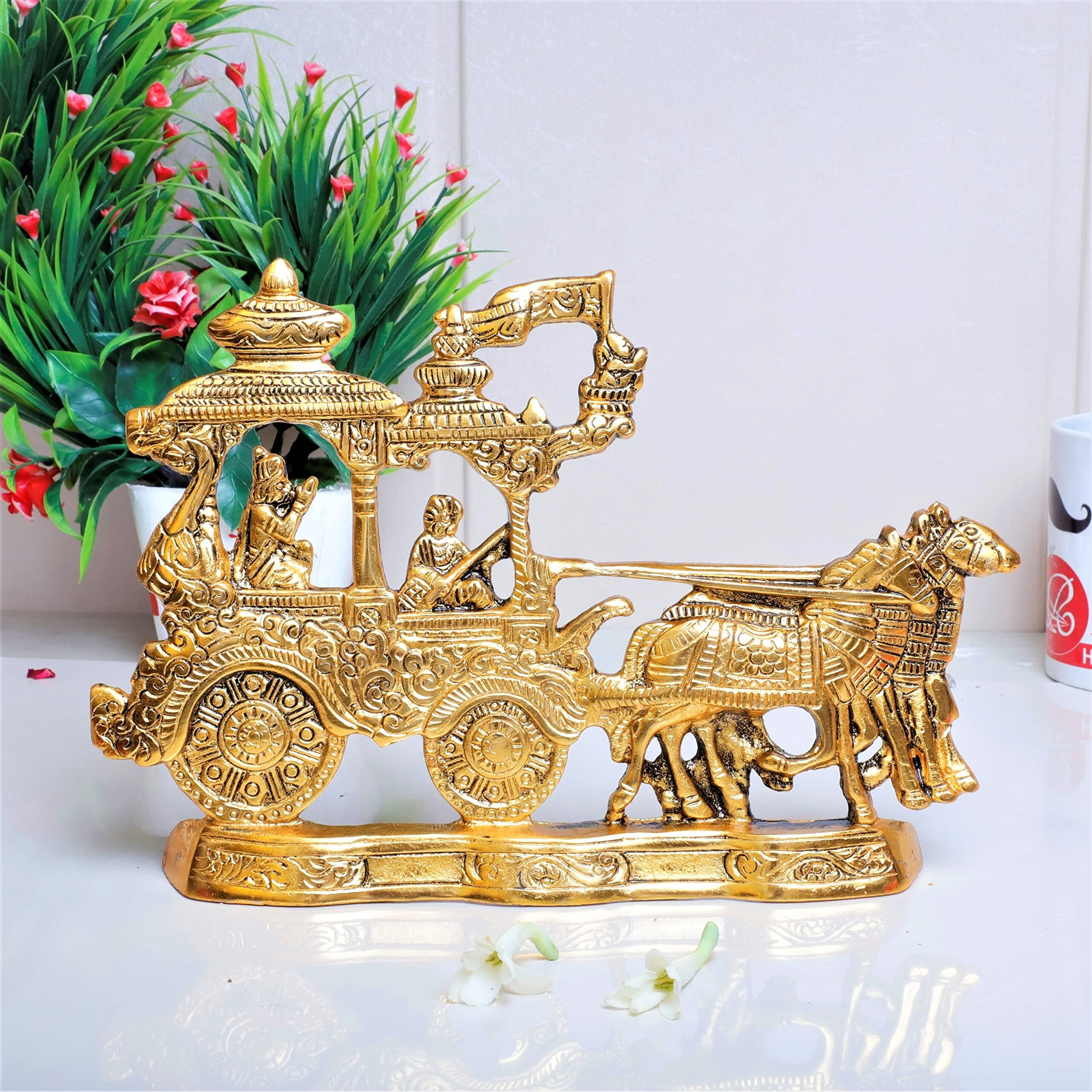 Kridaykraft Lord Krishna And Arjun Rath Chariot With Two Horses Decorative Showpiece Metal Gold Plated Antique Krishna Arjuna Rath Wall Hanging & Table Corner Decor
