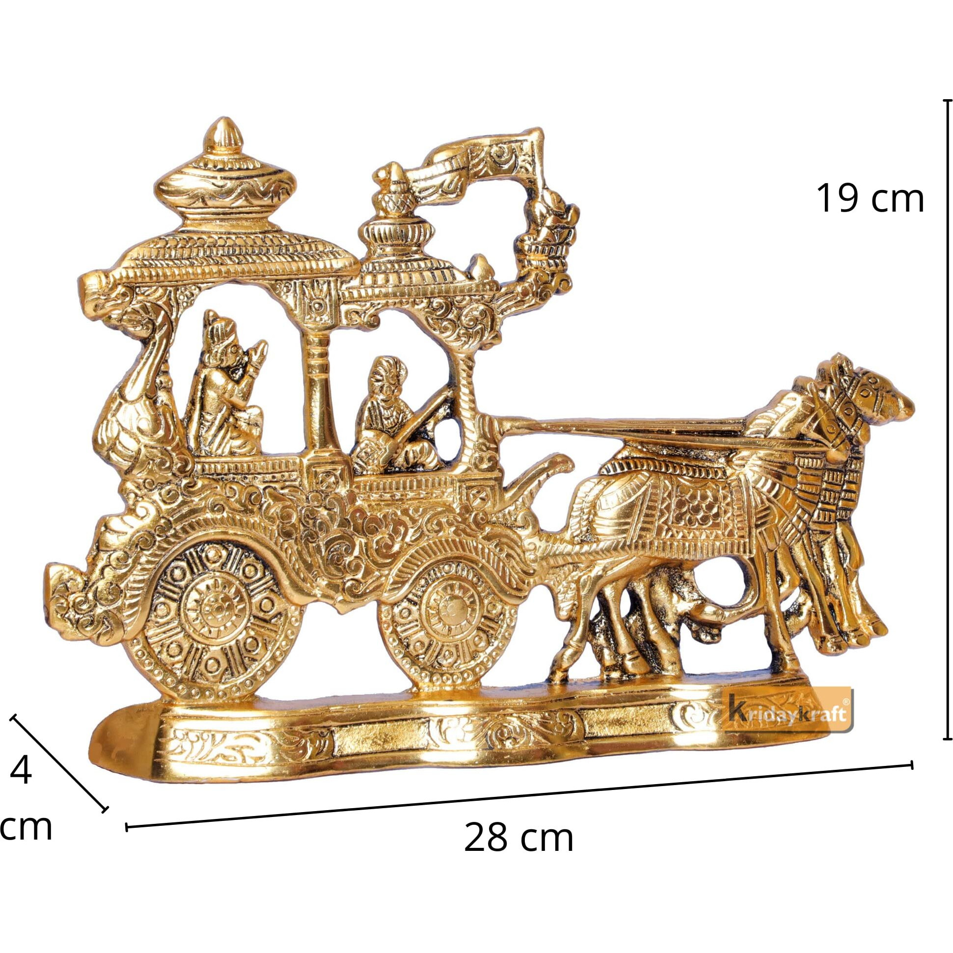 Kridaykraft Lord Krishna And Arjun Rath Chariot With Two Horses Decorative Showpiece Metal Gold Plated Antique Krishna Arjuna Rath Wall Hanging & Table Corner Decor
