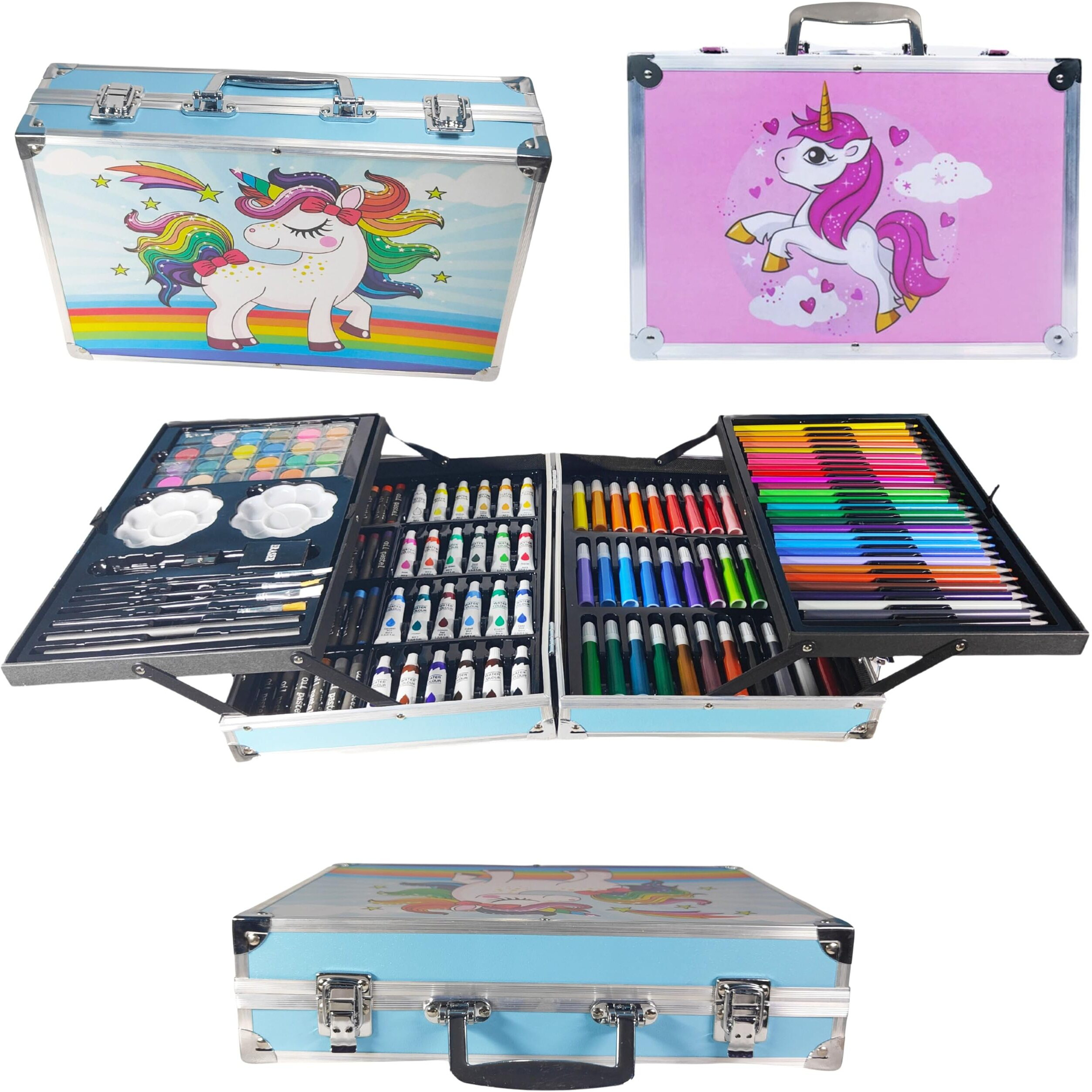 Zafco 145 Pcs Non-Toxic Unicorn Stationary, Painting, Sketching, Water Colors Vanity Box For School Projects, Gifting For Kids All Types Of Color Box Birthday Gift For Kids Professional Drawing