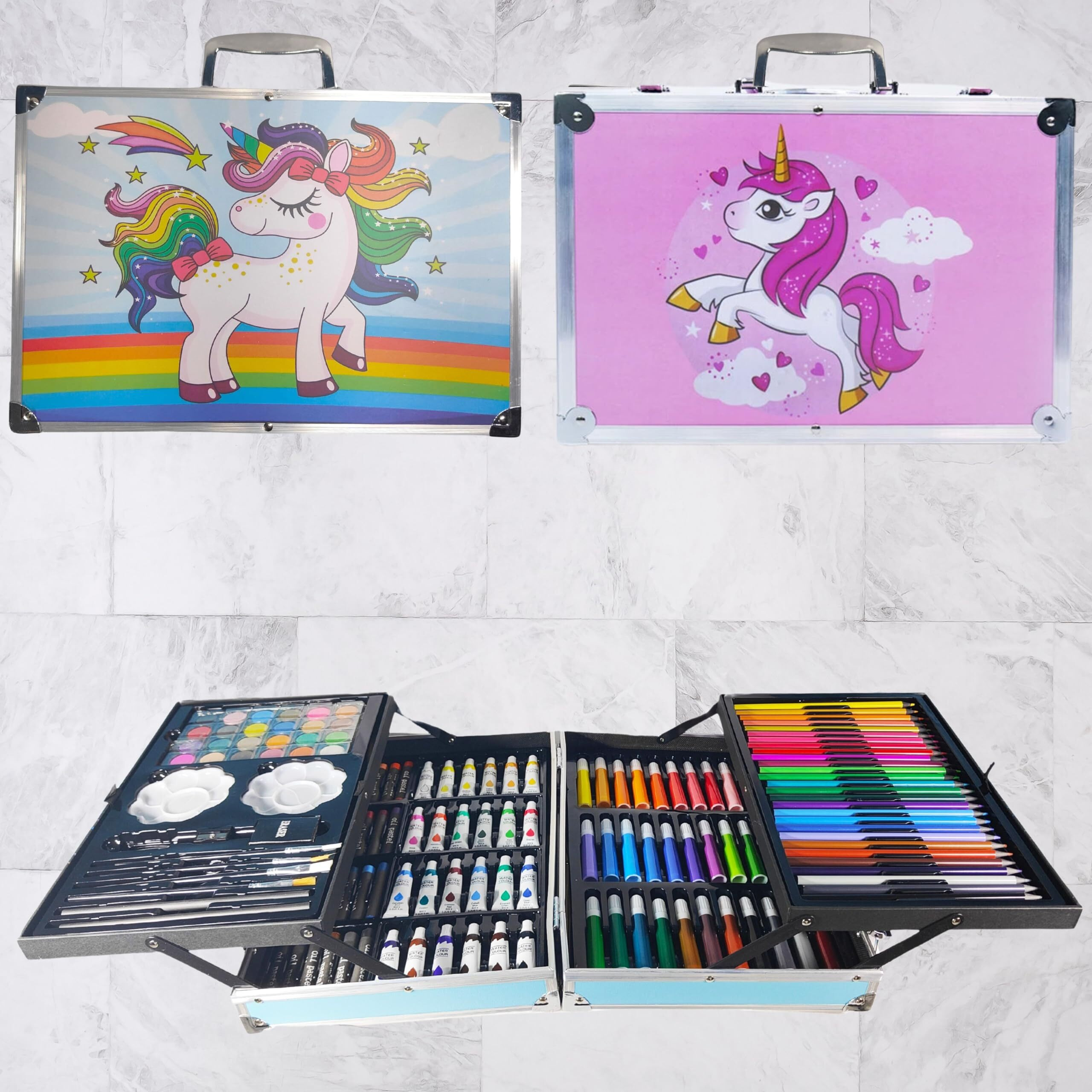 Zafco 145 Pcs Non-Toxic Unicorn Stationary, Painting, Sketching, Water Colors Vanity Box For School Projects, Gifting For Kids All Types Of Color Box Birthday Gift For Kids Professional Drawing