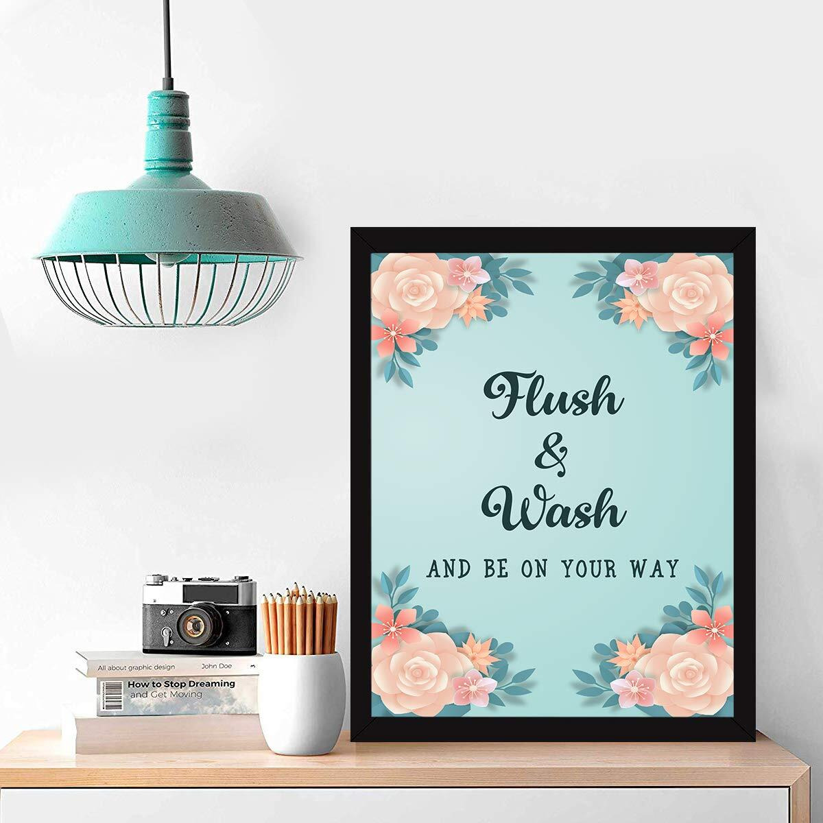 Chaka Chaundh - Bathroom Posters With Frame - Bathroom Quotes Framed Posters - Bathroom Etiquette Poster  Washroom Quotes Frames - Toilet Quotes Wall Hanging - (14 X 11 Inches) (Aqua Floral)
