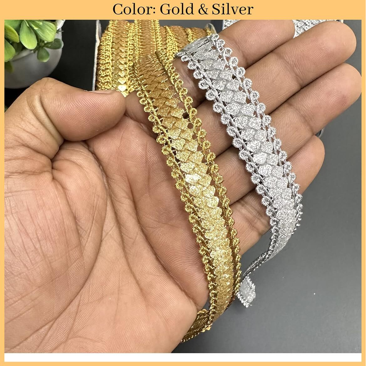 Embroiderymaterial Shiny Gold Zari Border Lace For Sewing, Embroidery, Edging, Saree Border, Blouse, Dupatta Border, Lehenga, Kurti Etc (18 Meters, 15Mm Wide) (Silver + Gold Combo)