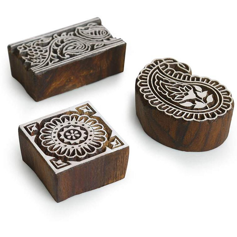Exclusivelane Appealing Artefacts Hand-Carved Wooden Printing Blocks For Fabric Painting (Sheesham Wood, Set Of 3) - Hand Blocks For Block Printing Gifts Table Show Pieces Paper Weight