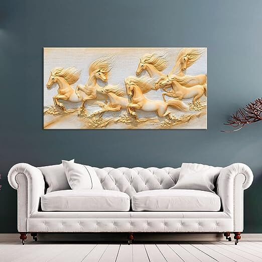 Aadee Craft Unframed Canvas Painting Lucky Seven Golden Horses Running Wall Painting For Living Room, Bedroom, Office, Hotels, Drawing Room Size Large (122Cm X 61 Cm) (Design 10)