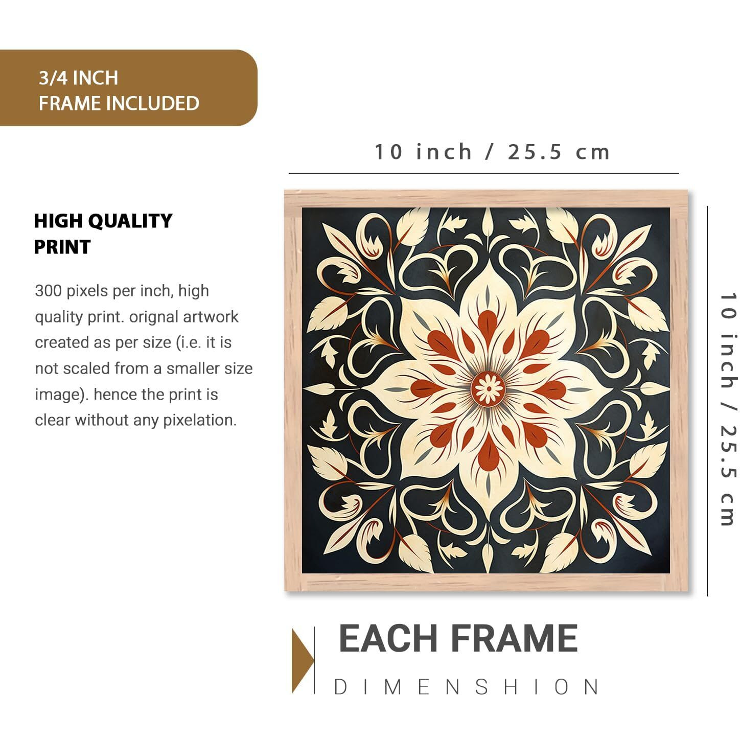 Kalit Kala Paintings For Wall Decoration With Frame | Flower Nature Madhubani Art Paintings For Living Room, Bedroom | Set Of 6 | 10 X 10 Inches | Flower Nature Indian Madhubani Art 8