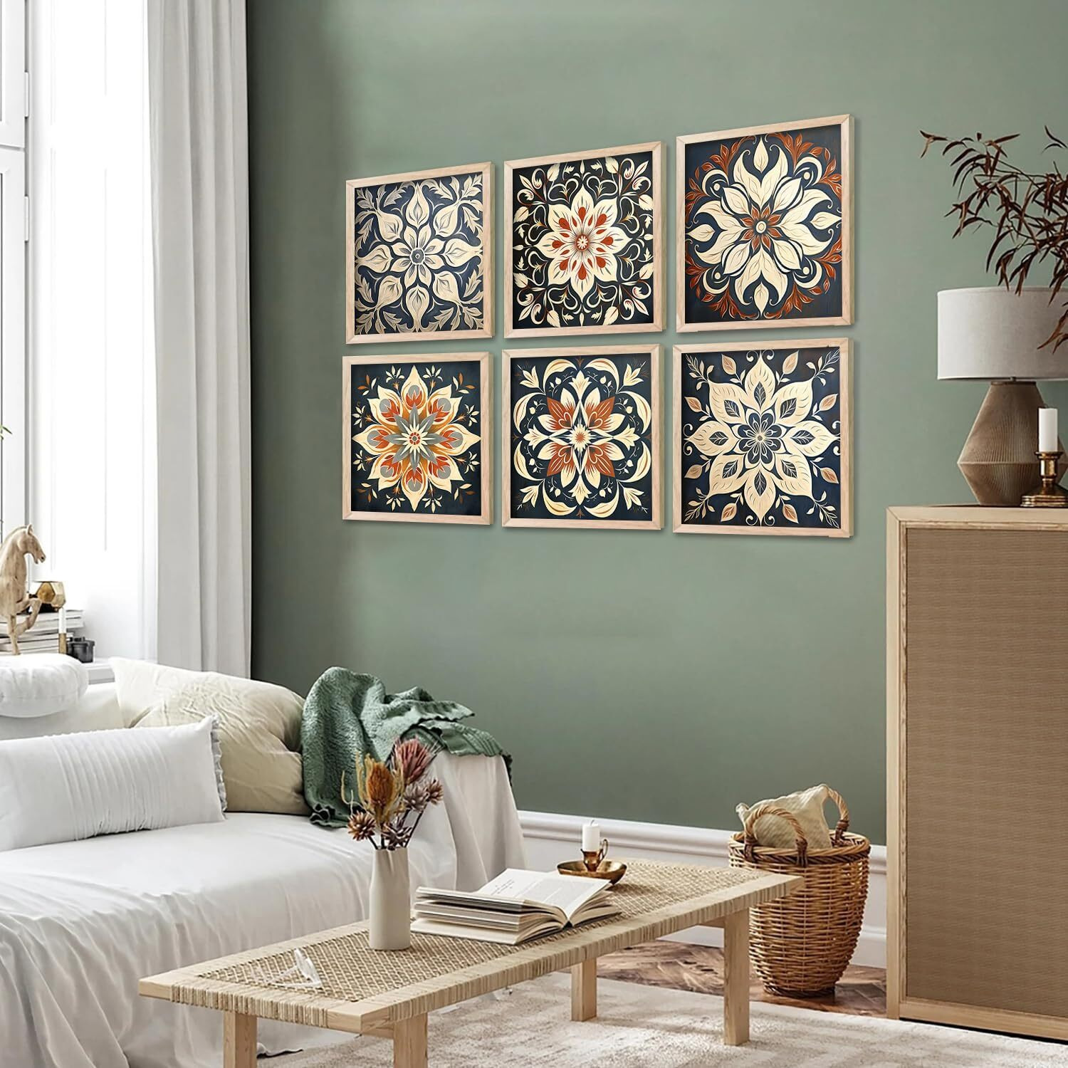 Kalit Kala Paintings For Wall Decoration With Frame | Flower Nature Madhubani Art Paintings For Living Room, Bedroom | Set Of 6 | 10 X 10 Inches | Flower Nature Indian Madhubani Art 8