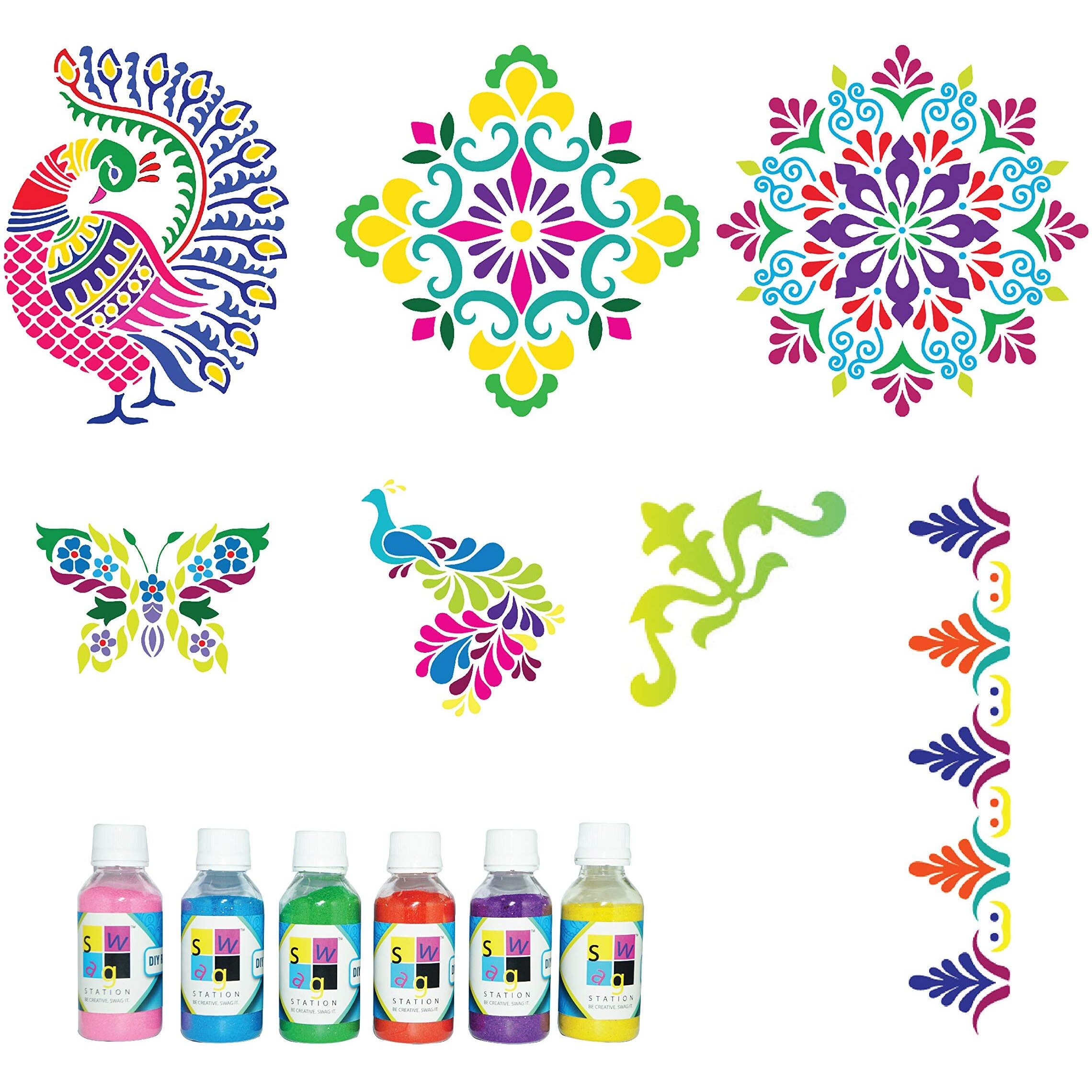 Swagstation Mandala Rangoli Stencils Set Rangoli Stencil Big Size For Floor (Set Of 7 Stencil, 6 Rangoli Colors Set, Mandala Decorative Stencils Combo) Mandala Rangoli Making Tools Kit, Multi