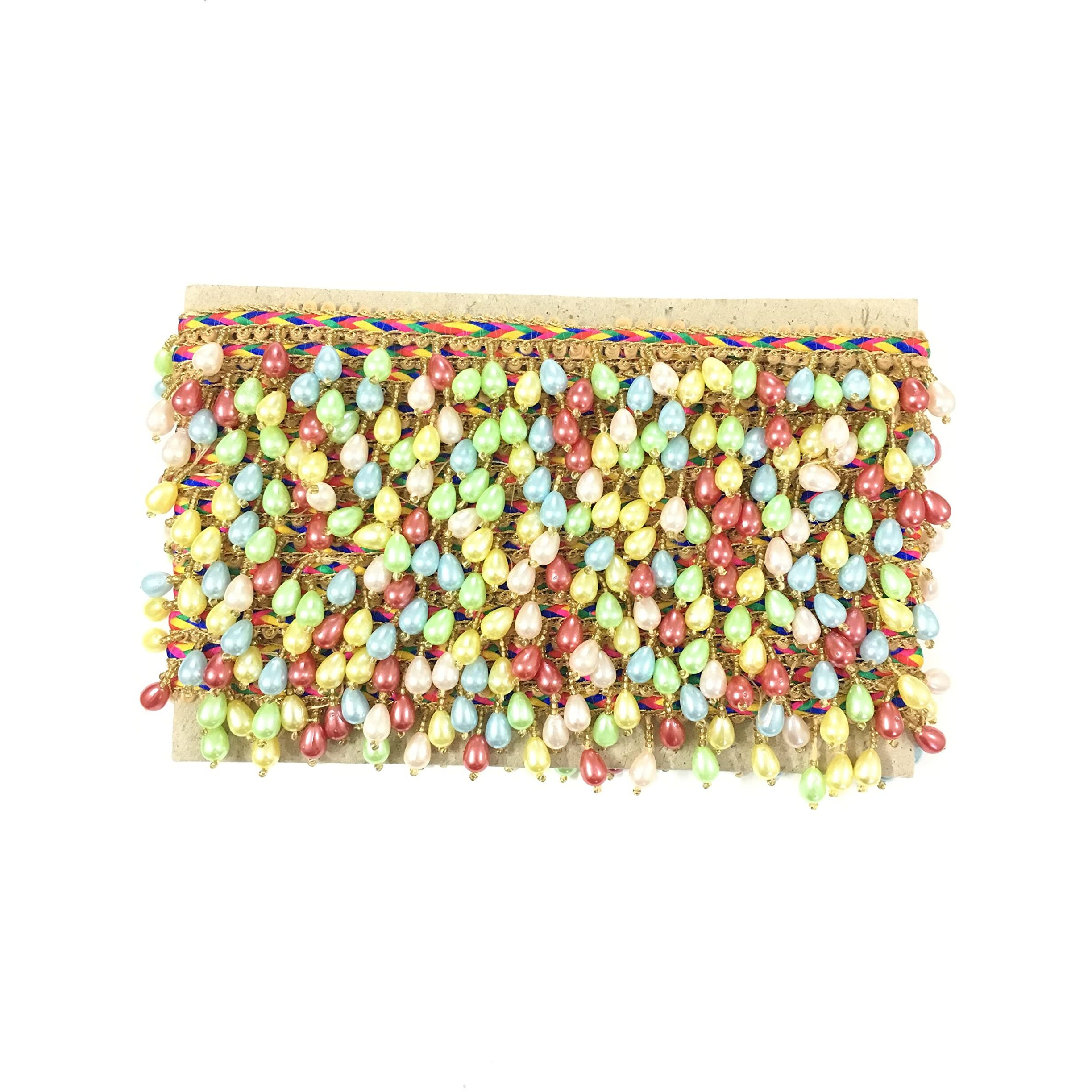 Dasync Multicolour Hanging Laces&Borders Materials For Sarees Beads Lace Blouse Latkan Fringe Tassel Dupatta,Women,Tailoring,Dresses,Suits,Lehenga,Gowns,Chunni,Choli,Decoration,Crafts 9 Mtr