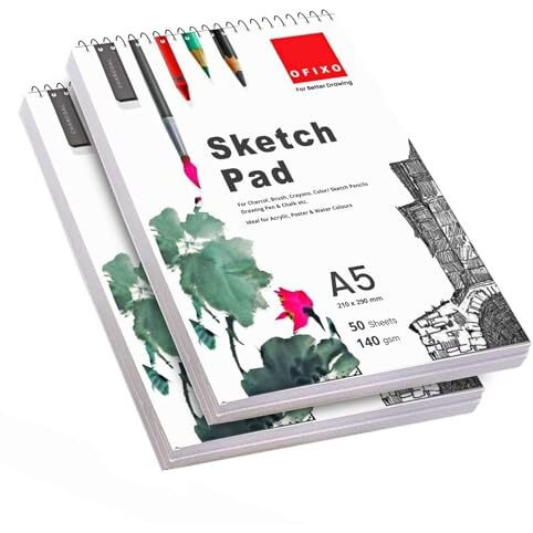 Ofixo A5 Sketchbook 50 Sheet -5.8 X 8.3 Inch 140 Gsm| Top Spiral-Bound Sketchpad For Artists & Academic Use (Pack Of 2)