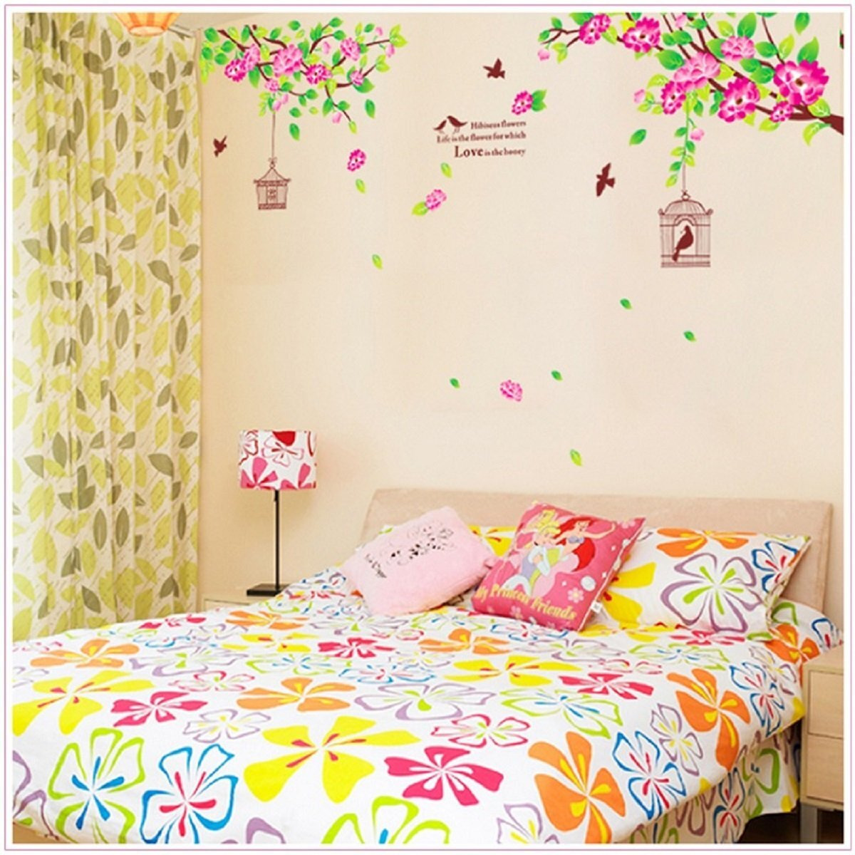 Indian Royals Large Pink Hibiscus Flower Bird Cage Wall Sticker For Living Room, Home Garden Nature Decor (90*60 Cm)