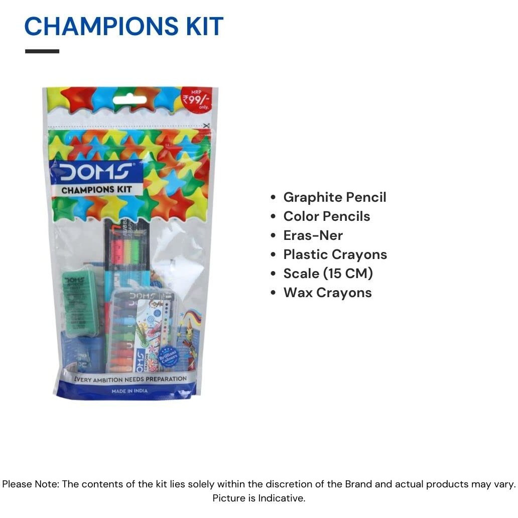 Doms Champions Kit | Perfect Value Pack | Kit For School Essentials | Gifting Range For Kids | Combination Of 6 Stationery Items | Pack Of 2