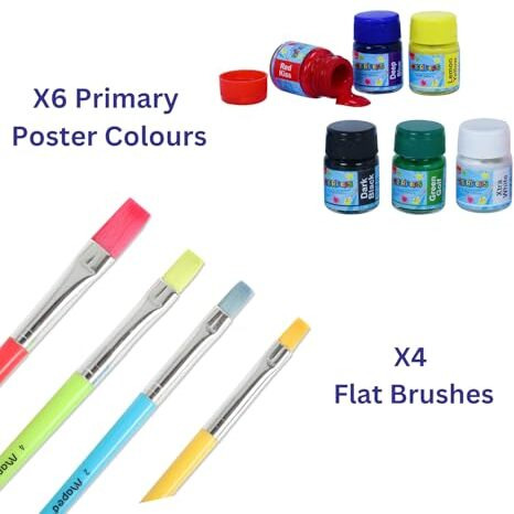Maped Painting Kit -6 Shade Poster Colous +4 Plactic Handle Brushes-Flat|Soft & Smooth Textured Poster Colours|Vibrant & Rich Shades Makes Painting Realistic|Soft Movement Bristles|Safe & Non-Toxic