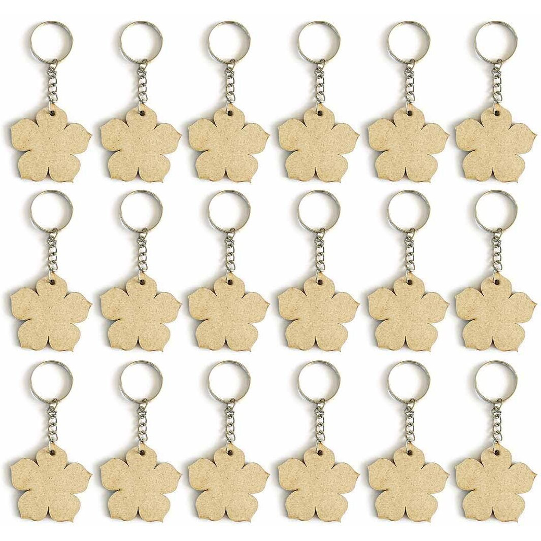 Adikala Flower Shape Mdf Key Chain Set, 20 Pieces, 50Mm Base, 27Mm Ring For Resin Craft Diy Painting Silver