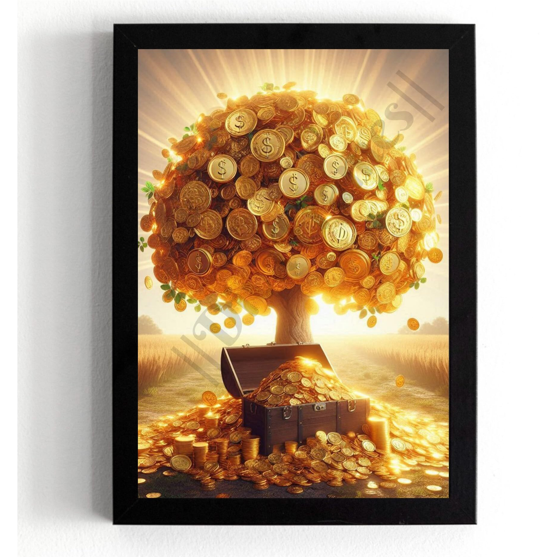 Divaframes Money Tree Painting For Good Luck, Vastu Paintings For Home, Golden Money Tree, Gold Coin Artwork, 10 X 14 Inch