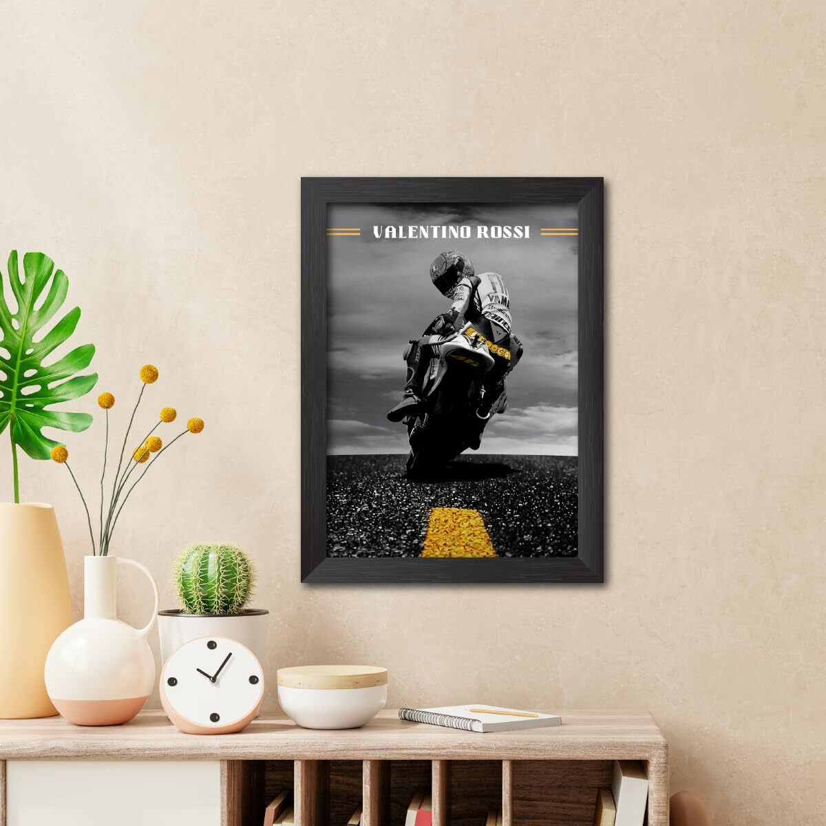 Tenorarts Valentino Rossi Posters Motogp Photo Framed Painting With Black Wooden Textures (12Inches X 9Inches)