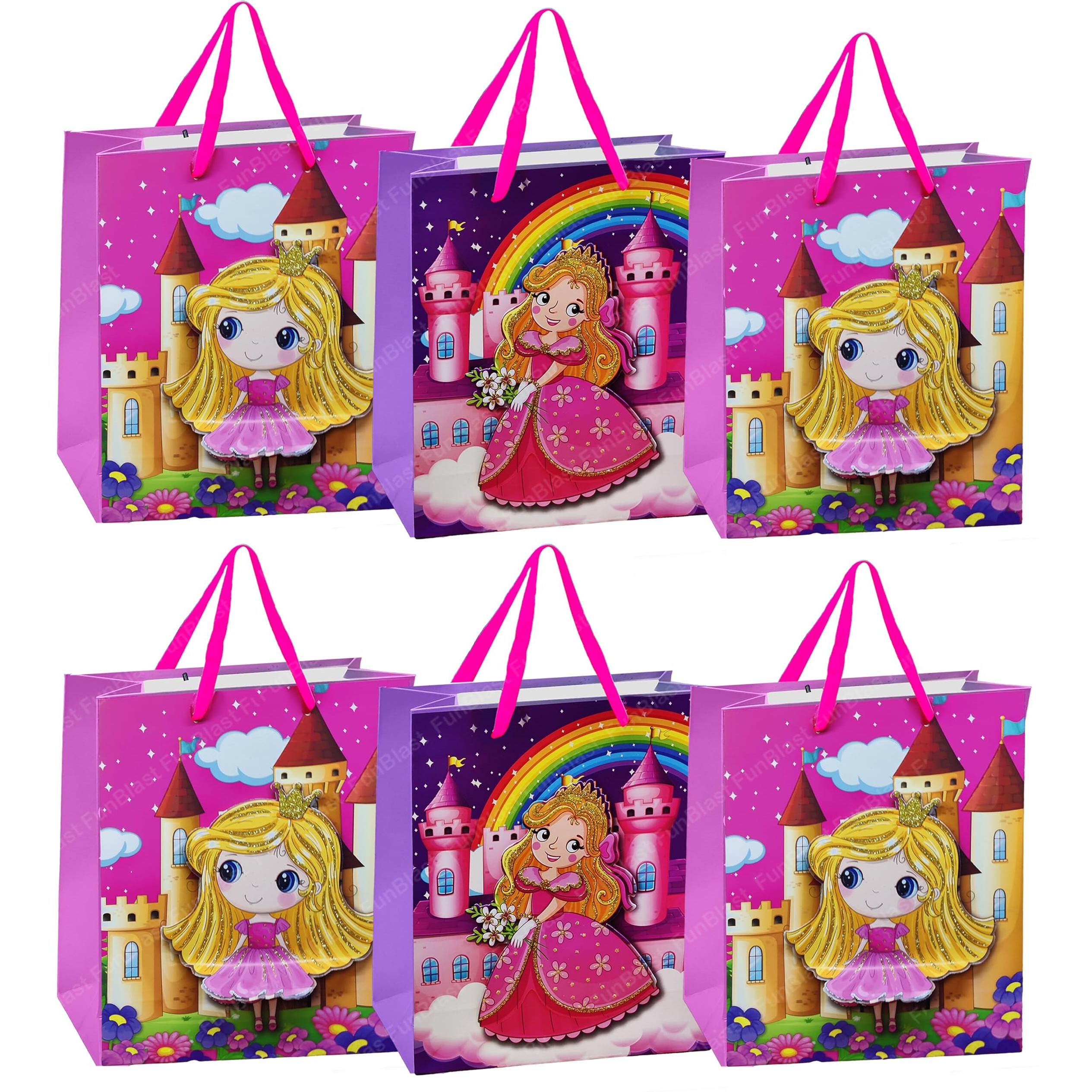 Funblast Paper Bags For Gifts  Pack Of 6 Pcs Paper Goodie Bags Small, Kraft Paper Bags With Handles For Birthday, Wedding, Party And Other Festivals (Random Color And Print)