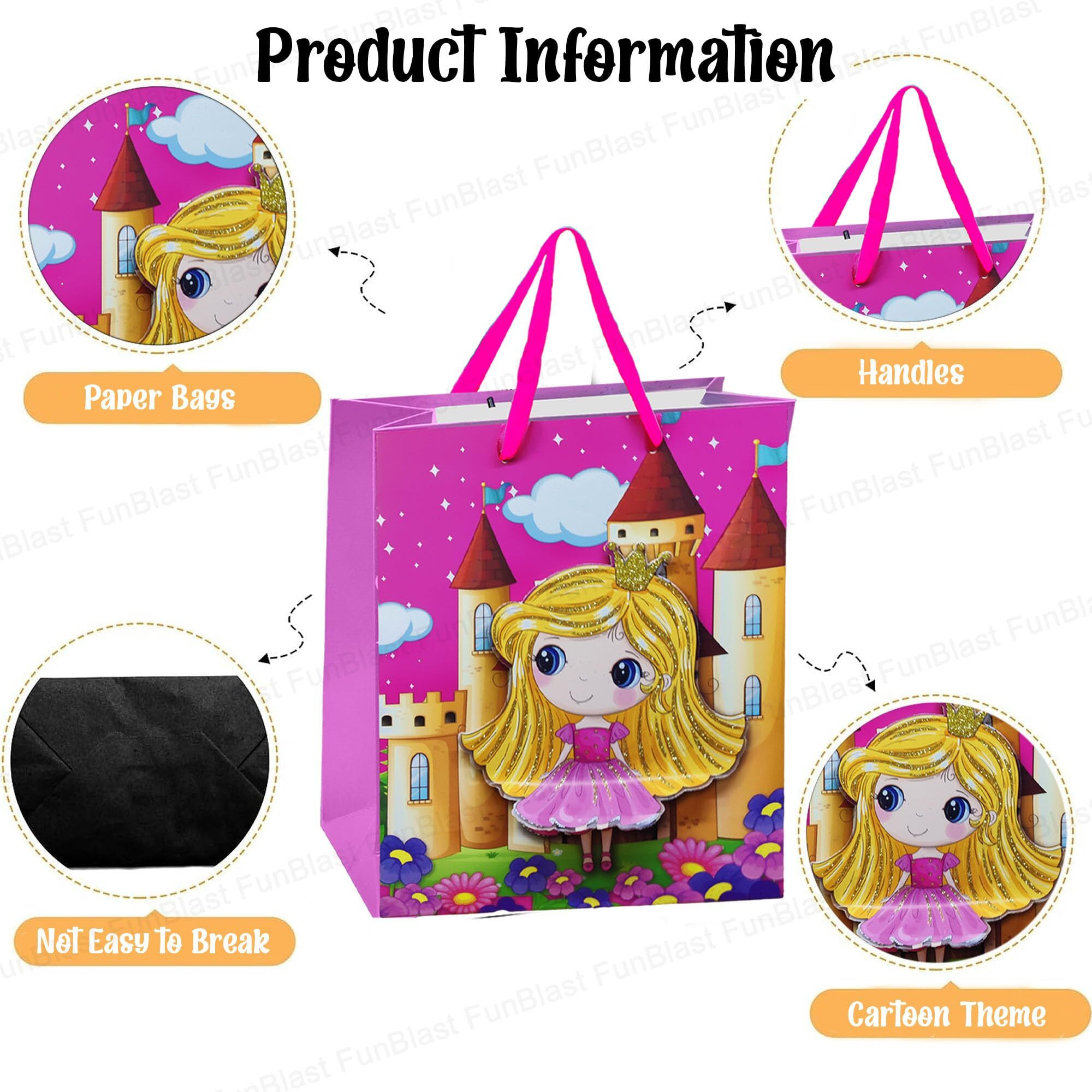 Funblast Paper Bags For Gifts  Pack Of 6 Pcs Paper Goodie Bags Small, Kraft Paper Bags With Handles For Birthday, Wedding, Party And Other Festivals (Random Color And Print)