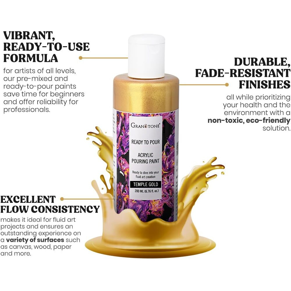 Granotone Premium Metallic Acrylic Pouring Paint, Ready-To-Use, Superior High-Flow Formula, Ideal For Canvas, Wood, Paper, Craft & Fluid Art Project (Temple Gold)