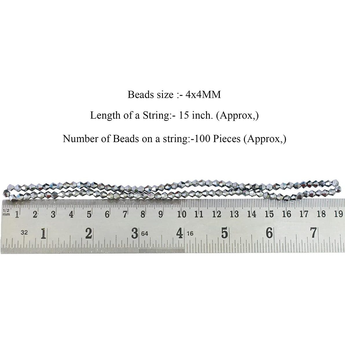 Embroiderymaterial Bicone Crystal Glass Beads In Metallic Silver Finish, 4Mm, 2 Strings, 200 Pieces