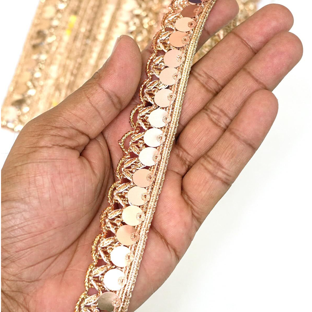 Embroiderymaterial Sew On Laces And Border Material Rose Gold Shiny Zari & Shiny Sequins Trim Lace For Saree Border, Suit, Kurta, Dupatta, Blouse, Gown & Lehenga (2 Cm Wide, 18 Meters Long)